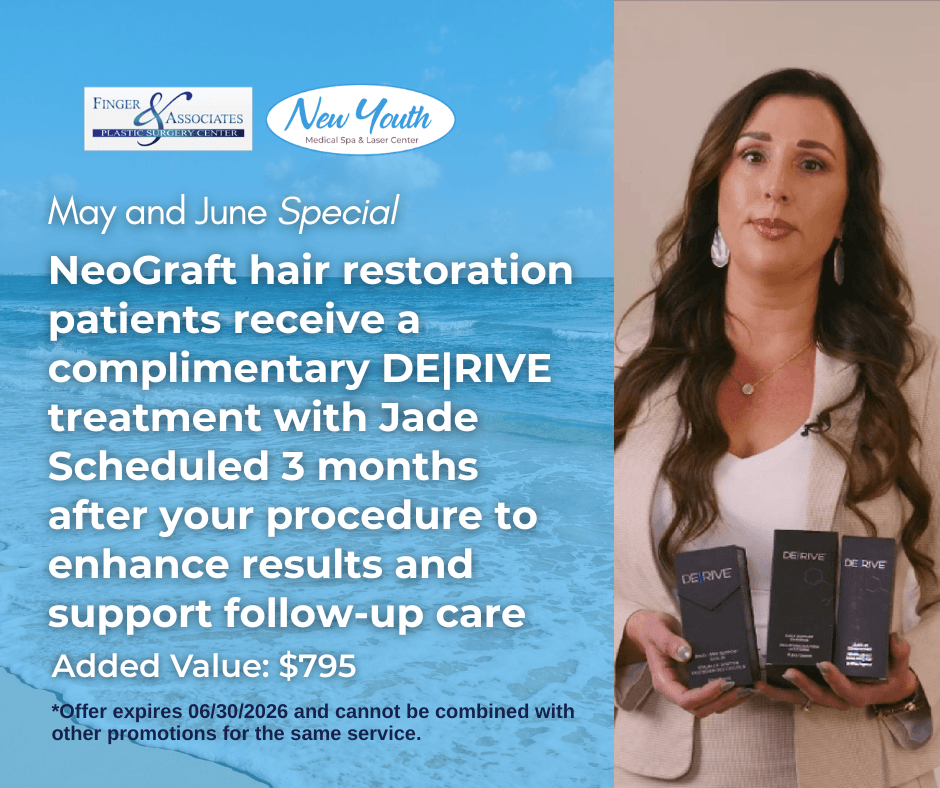 NeoGraft hair restoration patients receive a complimentary DE_RIVE treatment with Jade Scheduled 3 months after your procedure to enhance results and support follow-up care
